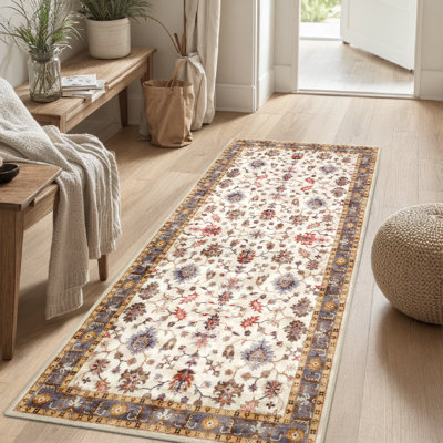 Home Decor Luxury Non-Slip Rubber Backing Safety Soft Runner Area Carpet Floor Area Rug Indoor Interior Accent Decorative Mat, Elegant Ivory Floral and Leaves Design, 26 x 60 Inch