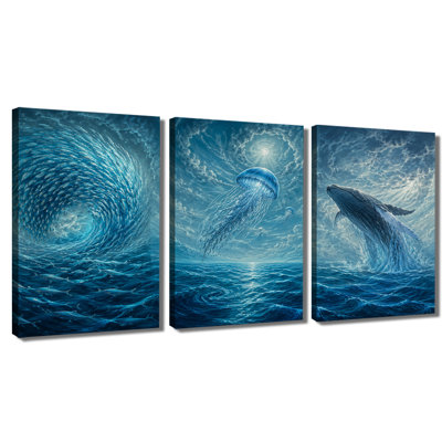 3 panneaux muraux de baleines de mer, créatures marines, impression sur toile tendue pour le salon