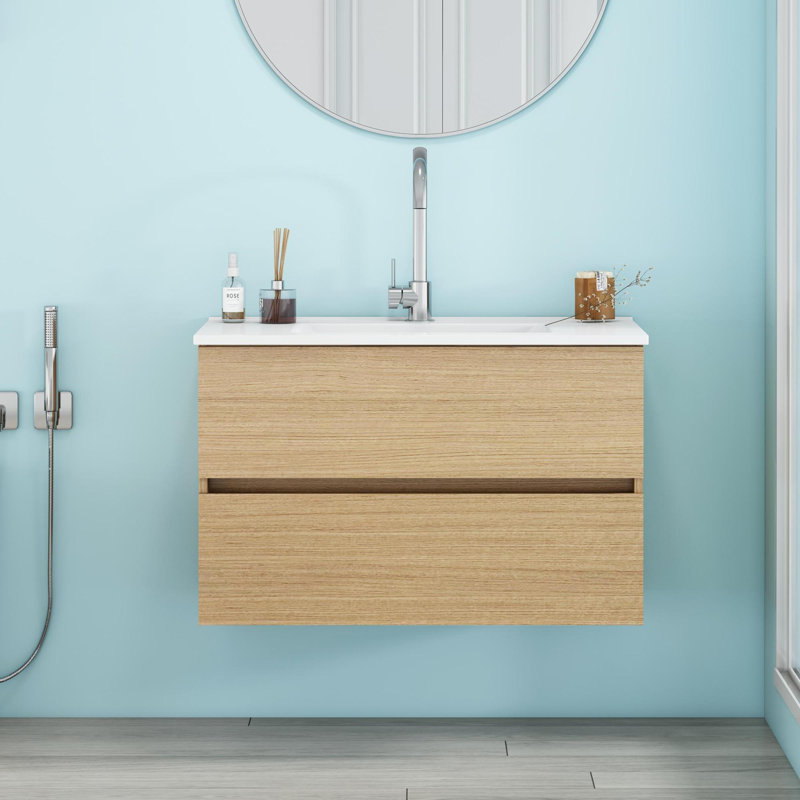Meuble-lavabo mural moderne de 32 pouces avec lavabo en céramique, conception en bois massif, idéal pour les petits espaces