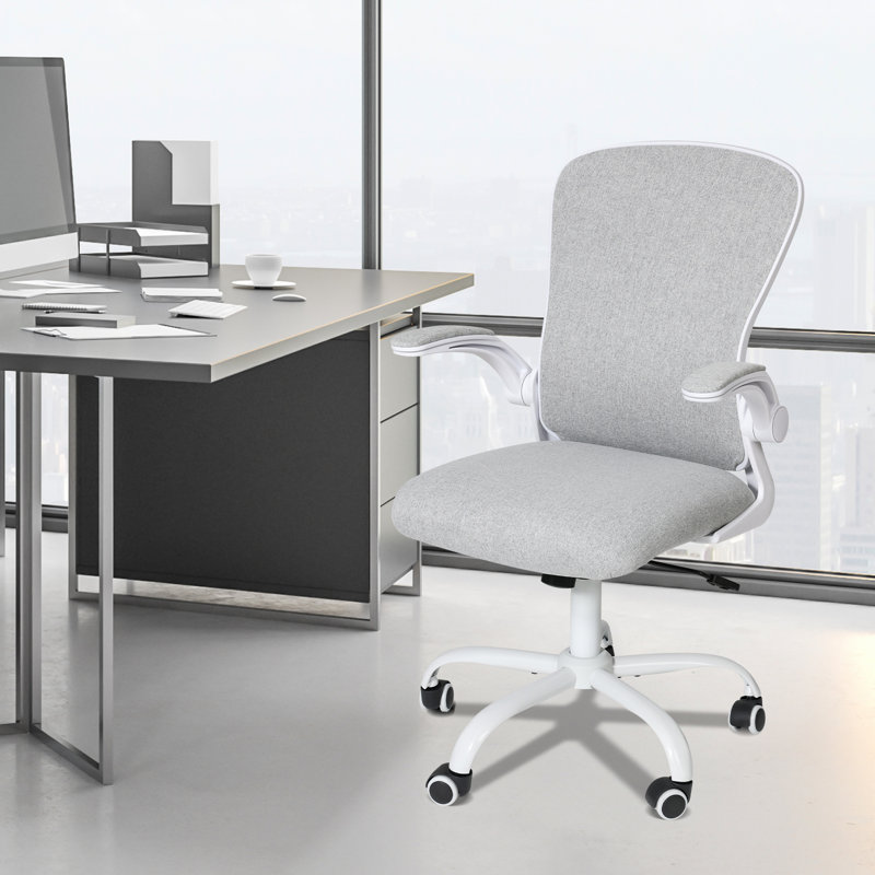 Swivel Office Chair With Lumbar Support, Adjustable Fabric Computer Chair With Flip-Up Armrest, Grey