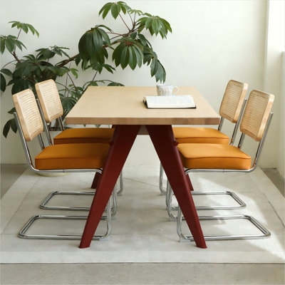 Ensemble de 4 chaises de salle à manger - Sièges rembourrés en velours orange riche avec dossier en rotin tissé à la main et cadres en porte-à-faux en acier chromé, chaises d'appoint modernes pour la cuisine ou le salon