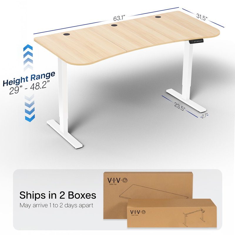 Bureau électrique électrique 63 po x 32 po (série DESK-KIT-1B1B), Bois clair/blanc