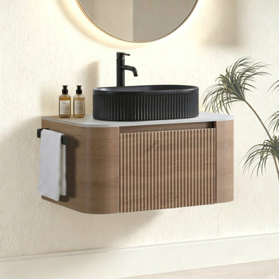 Meuble-lavabo de 30 po avec lavabo, armoire murale en chêne miel avec porte-serviettes gratuit, lavabo simple en céramique à rayures ovales noires, sans bonde ni robinet