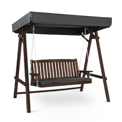  6 Ft. Wood Porch Swing With Stand And Rotatable Canopy In Tan