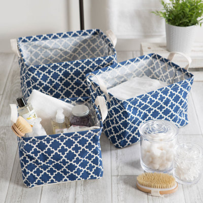 PE COATED COTTON/POLY LAUNDRY BIN LATTICE NAUTICAL BLUE RECTANGLE ASST SMALL SET/3