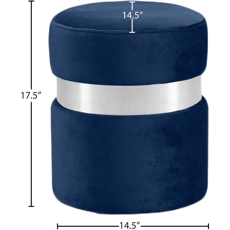 Hailey 14.5" Wide Velvet Round Cocktail Ottoman, Navy Velvet, Chrome