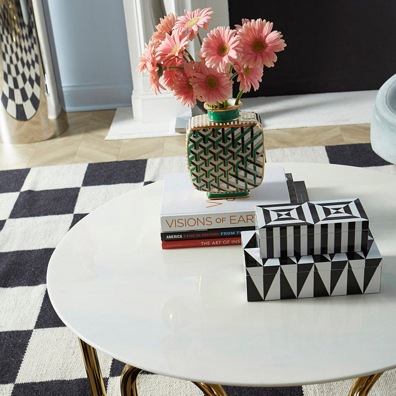 Wool Checkered Area Rug in Black/White, Rectangle 9' x 12'