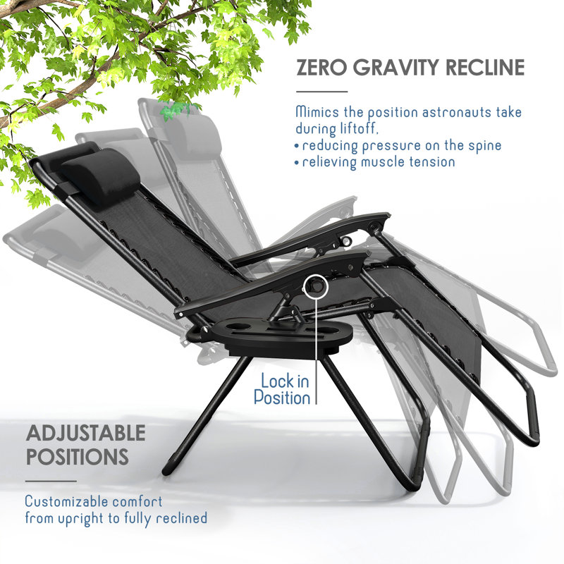 Nestl Zero Gravity Reclining Outdoor Patio Chairs with Pillows & Cup Holder Trays, Black