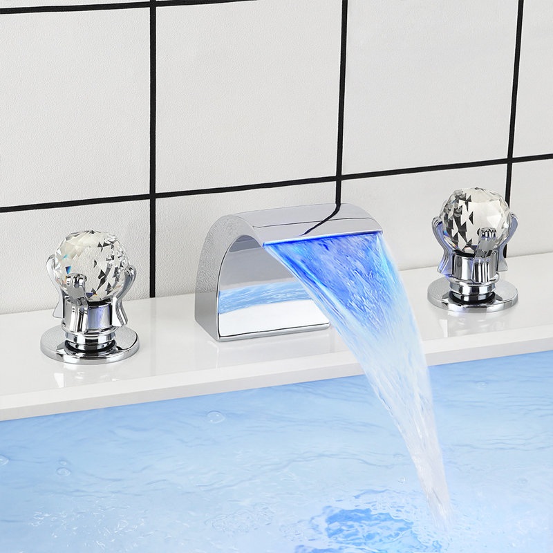 Robinet de lavabo de salle de bain lumineux à DEL, mélangeur chromé à cascade avec poignées en cristal Mosson, Chrome chrome