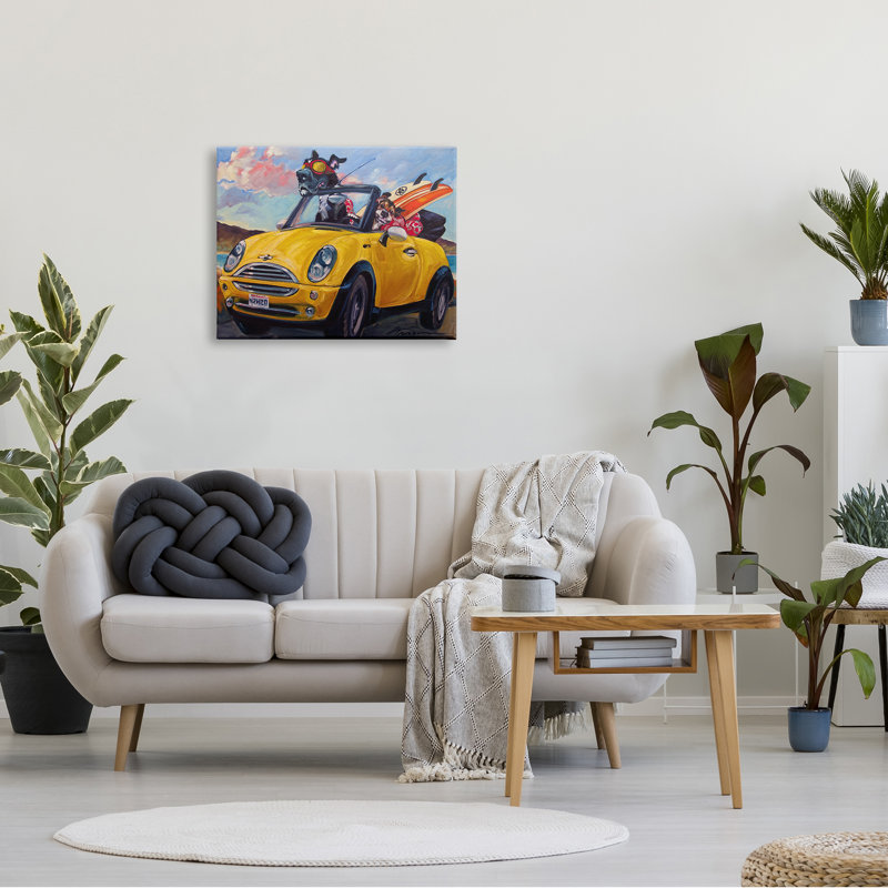 Voiture de plage convertible jaune avec chiens de compagnie par CR Townsend - Peinture, H 24 po x l 30 po x P 1,5 po
