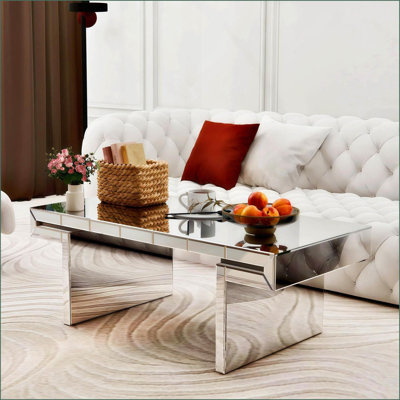 Table basse rectangulaire luxueuse de 47 pouces avec verre trempé cannelé, assemblage facile en 2 étapes, finition miroir