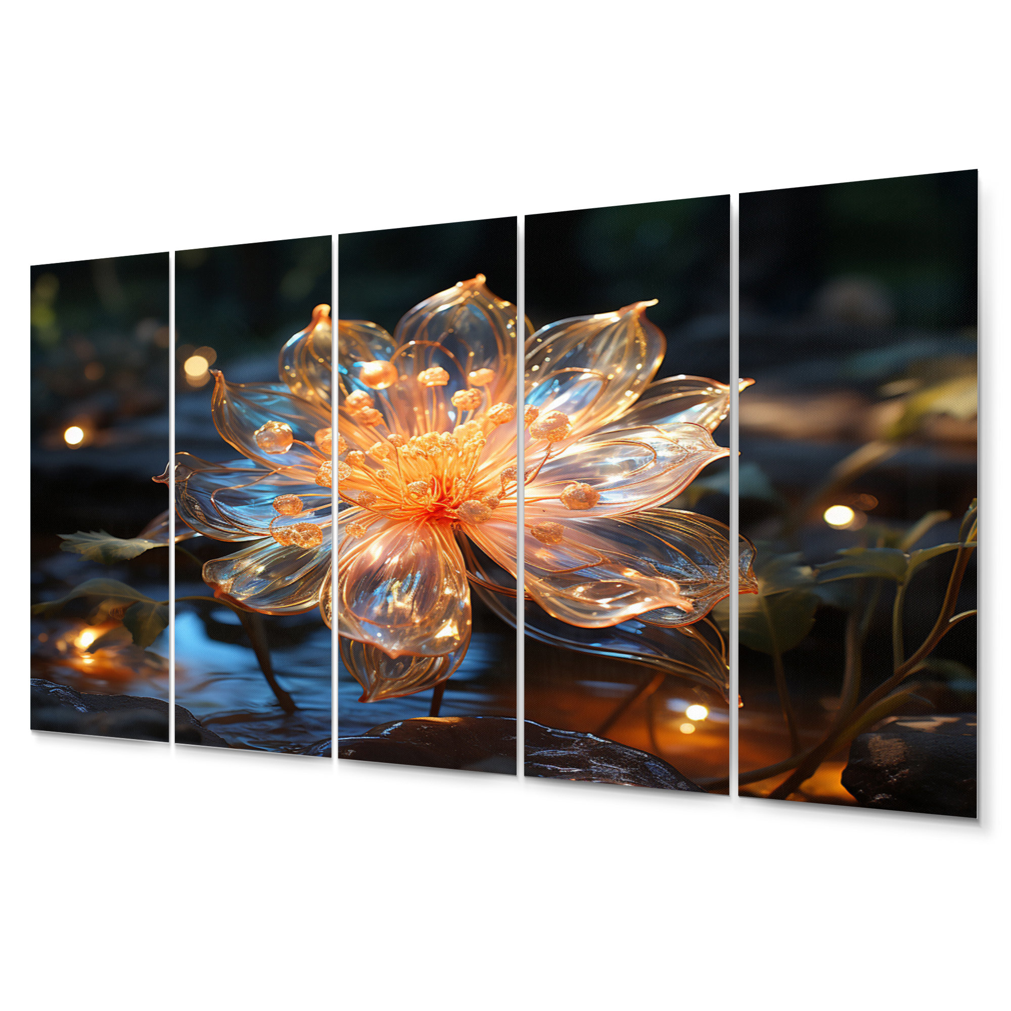 5 Peach Crystal Flowers Wall Decor Set Metal Design Art