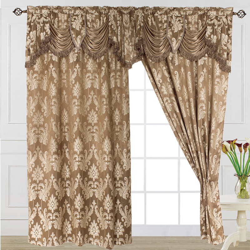 Panneau de rideau simple en jacquard de luxe avec cantonnière attachée, 54 par 84 pouces Earlesha, Beige