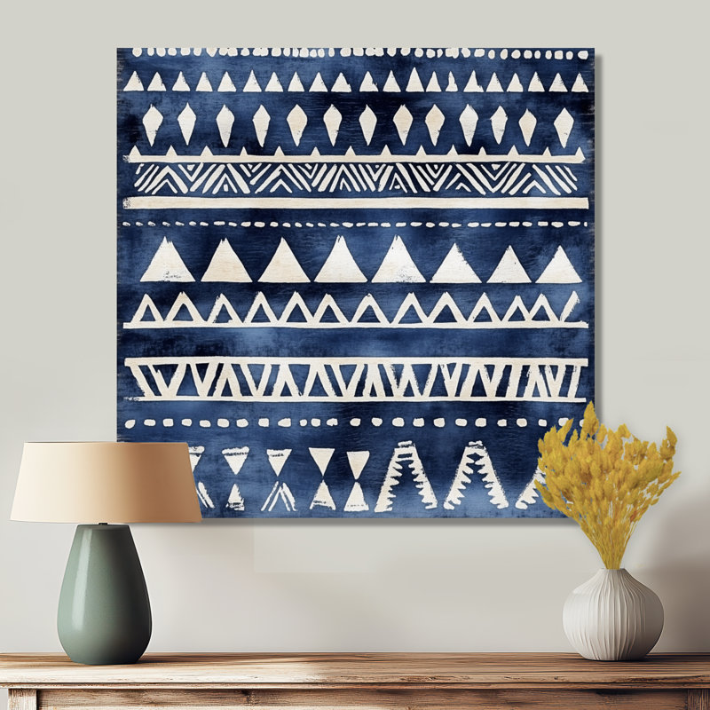 Motif tribal indigo - Boho abstrait, impression murale en métal, L 16 po x H 16 po