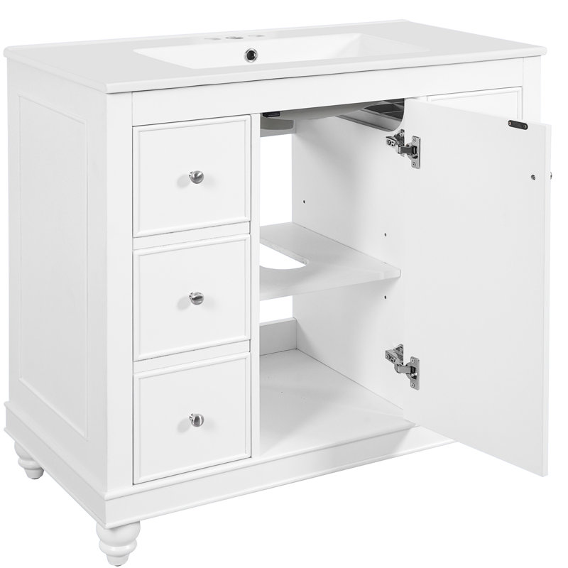Meuble-lavabo de 36 pouces avec bois massif et alliage de zinc, meuble-lavabo moderne à assemblage rapide, tablette réglable en forme de U, conception à plusieurs tiroirs, dossier ouvert pour la plomberie