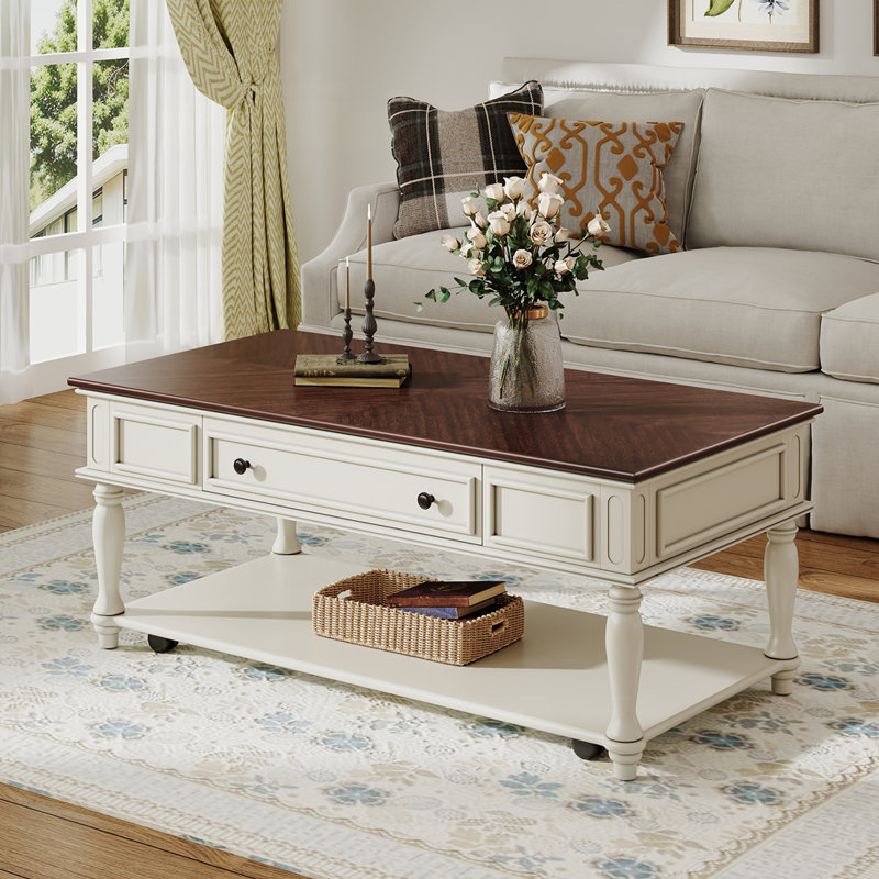 Table basse Farmhouse avec un tiroir, Blanc/noyer