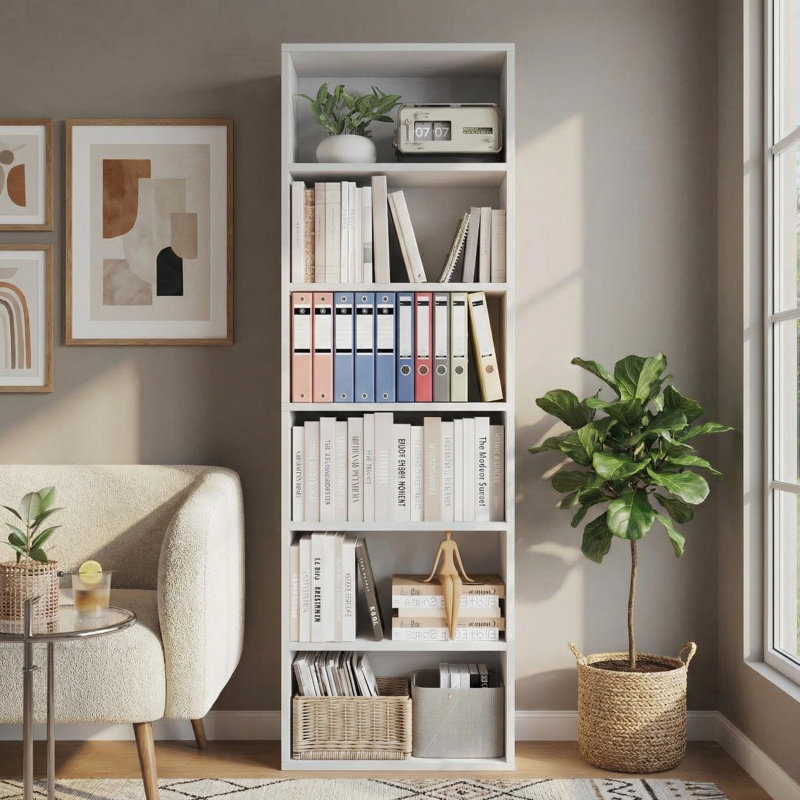 Bibliothèque 71 pouces de haut à 6 niveaux, bibliothèque industrielle avec design anti-basculement, Blanc