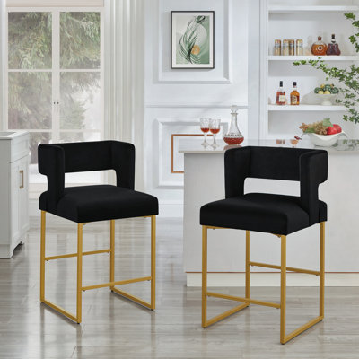 Modern Fashion Counter Height Bar Stools With Unique Square Open Backrest, Set Of 2 Versatile Bar Chairs With Sturdy Iron Legs, 26" H Counter Height Chairs For Kitchen Islands,Gold