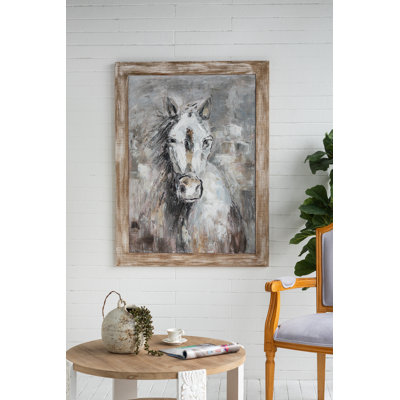 35.5X47X1.2" Hand-Painted White Horse Art With Stormy Grey Backdrop