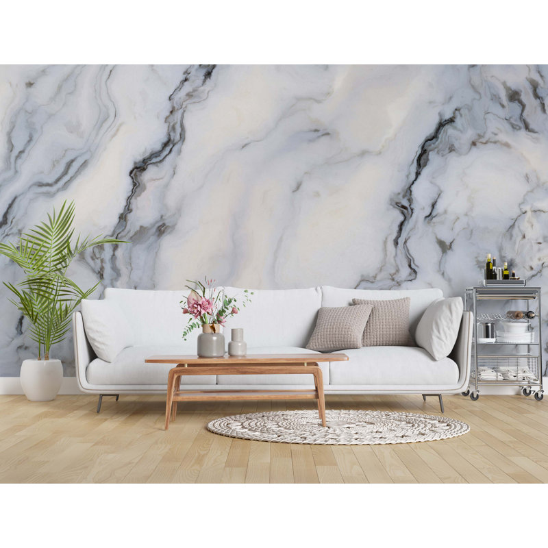 Papier peint aspect marbre blanc avec veines douces, L 115 po x l 225 po