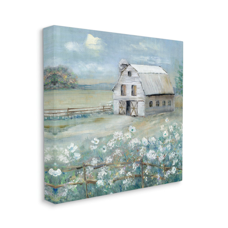 Grange dans un pré floral par Sally Swatland, H 24 po x l 24 po x P 1,5 po