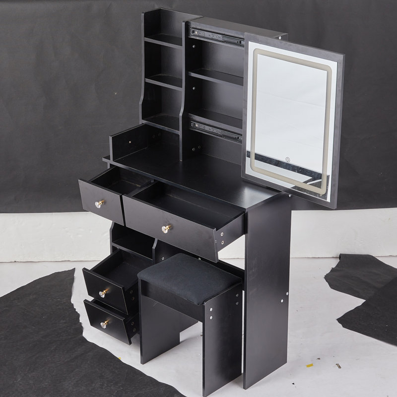 Petit meuble-lavabo de 29,2 po avec tabouret de bureau et tabouret rembourré à gauche 29,5 po, grande commande tactile, interrupteur tricolore, miroir à luminosité réglable, rangement à grande capacité, convient aux petits espaces