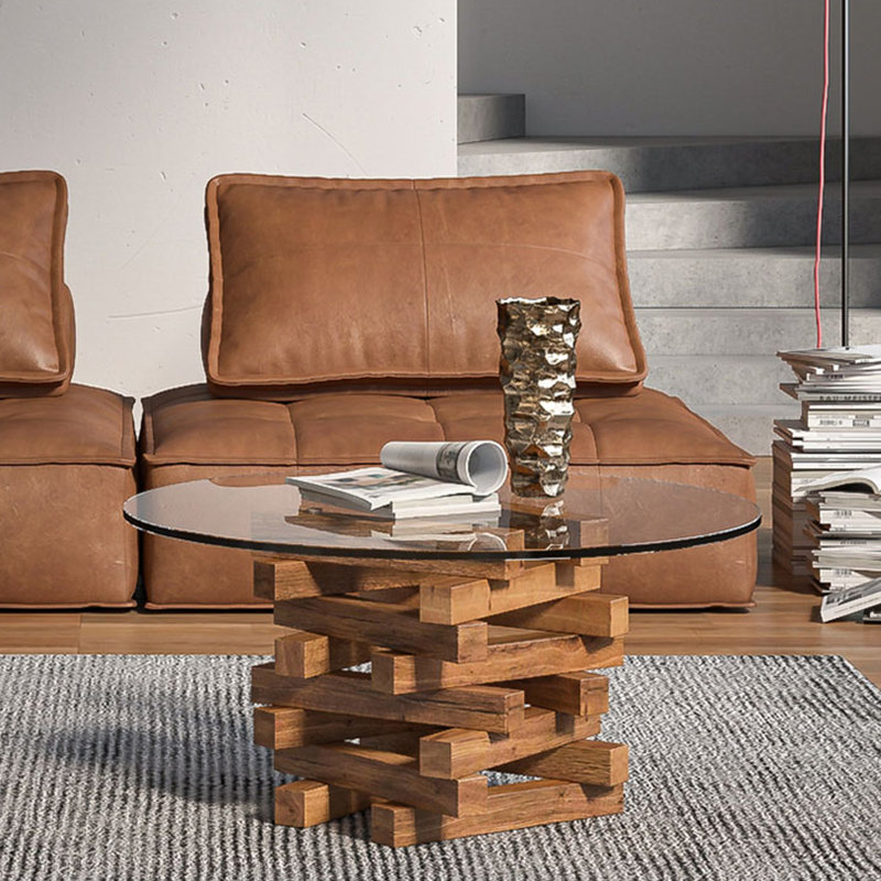 Simple modern solid wood glass coffee table, 15.7" H x 35.4" L x 35.4" W