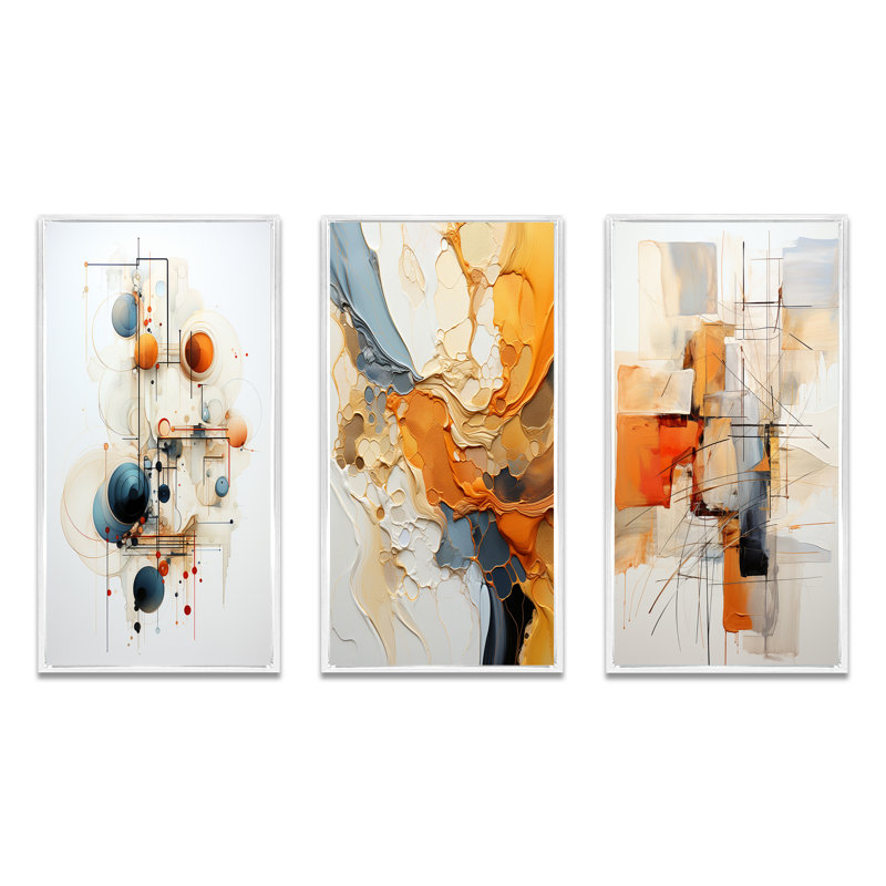 Sarcelle orange, dessin au trait, symbolisme conceptuel - art mural, ensemble de 3, Cadre flottant blanc, H 40 po x l 60 po