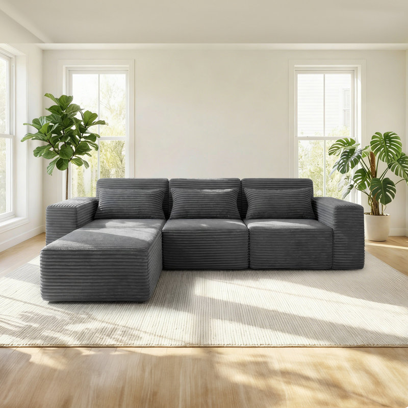 Canapé modulaire en L 105,8 po en forme de L - Siège profond, revêtement en velours côtelé gris, canapé de salon moderne, sans assemblage