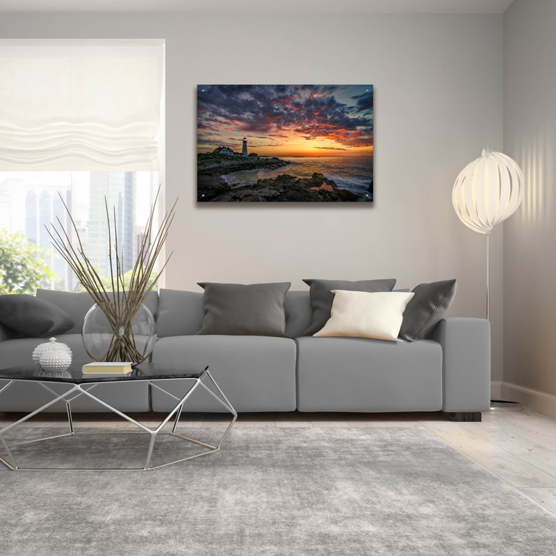 Art mural en verre Highland Dunes «Spring Dawn Portland Head Light» par Rick Berk, H 24 po x l 36 po x P 0,2 po