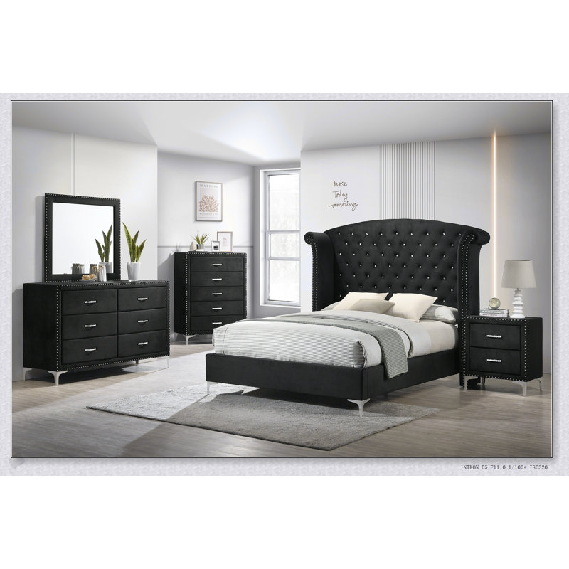 Commode à cinq tiroirs Glam Style avec revêtement en tissu, capitonnage clouté et plateau en verre trempé pour les chambres à coucher modernes