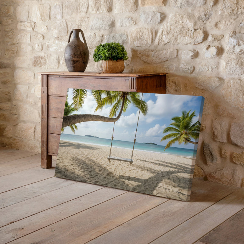 Toile une scène de plage tropicale sereine avec une balançoire blanche simple suspendue à un palmier placée sur un fond de toile