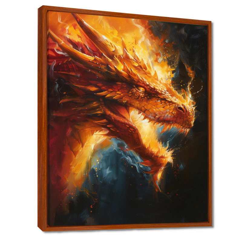 Orange, jaune, feu, dragon, I, dragon, art mural, salon, Toile avec cadre flottant brun, H 32 po x l 24 po x P 1 po