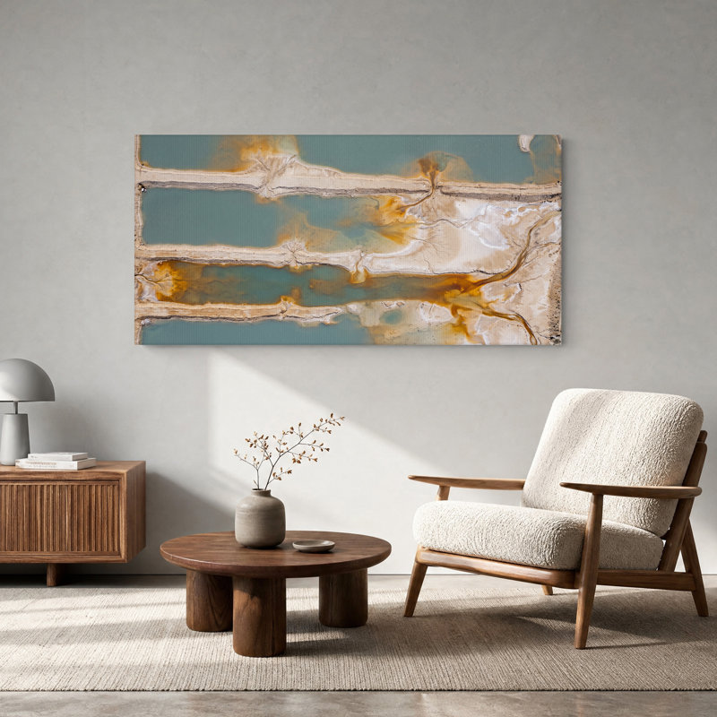 Tableau sur toile représentant des étangs salés aux eaux turquoise et aux taches de rouille, L 40 po x H 20 po