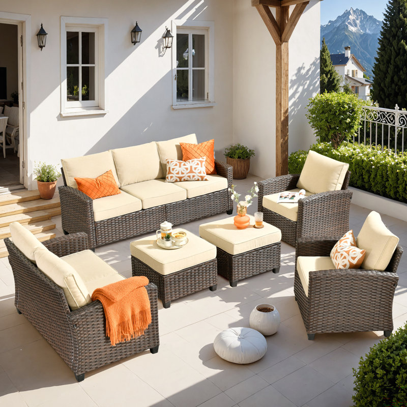 Outdoor Furniture 6 Pieces Set With Ottoman, Beige