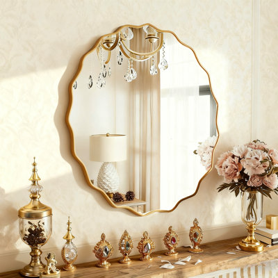 28" Round Wavy Wall Mirror, Modern Decorative Bathroom Vanity Mirror with Gold Metal Frame, HD Accent Mirror for Entryway, Bedroom