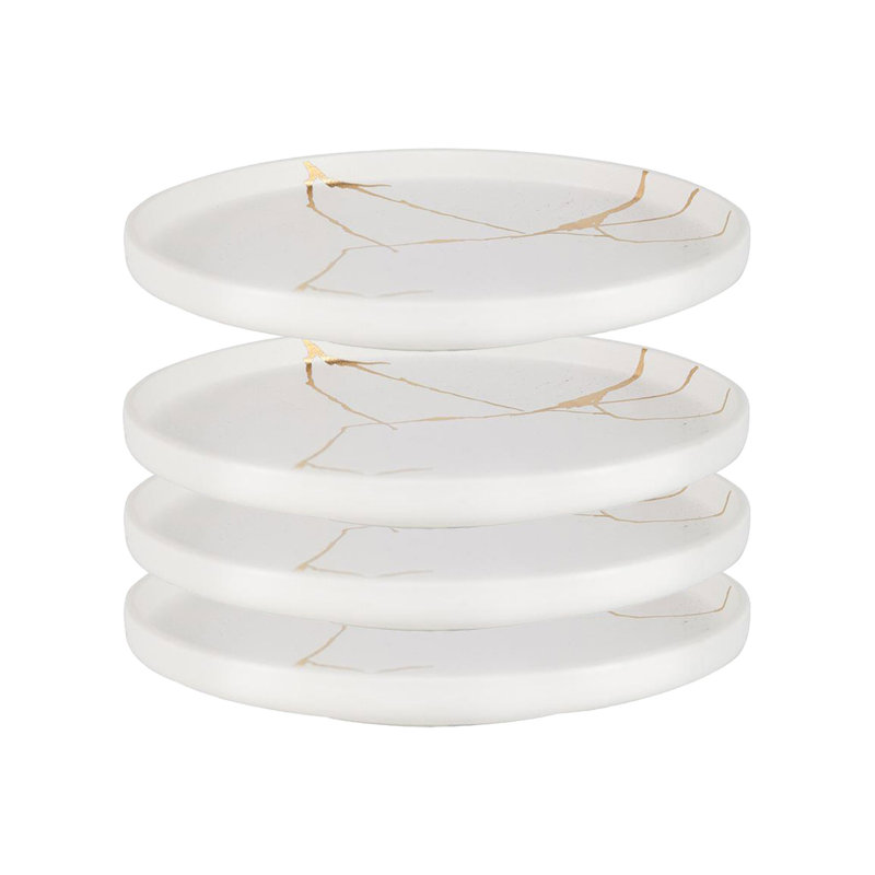Assiette de service avec détails dorés - ensemble de 4 - diamètre de 8,3 po, Blanc / doré
