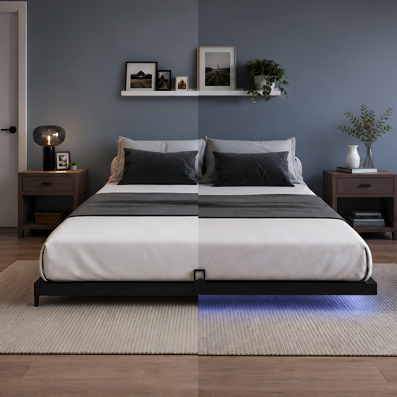 Cadre de lit flottant en métal avec éclairage DEL réglable et espace de rangement sous le lit de 16,3 cm, Queen