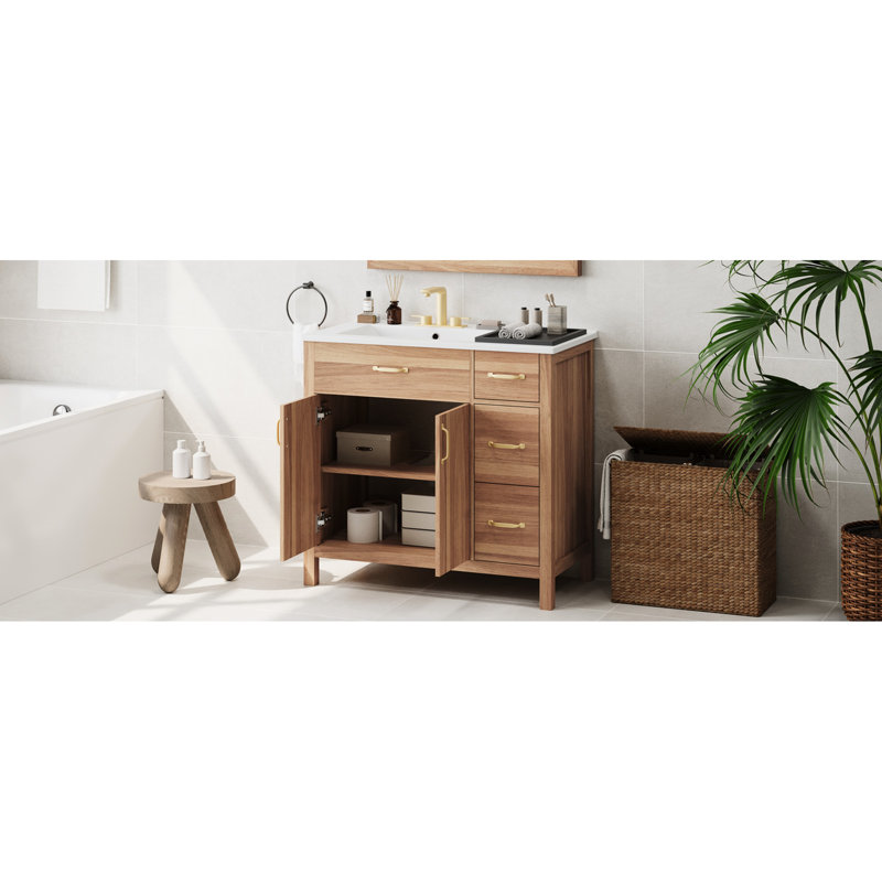 Meuble-lavabo de 36 po avec structure en bois massif, 2 portes à fermeture douce, 3 tiroirs, lavabo en céramique, tablette réglable pour cadre compact, petits espaces de bain