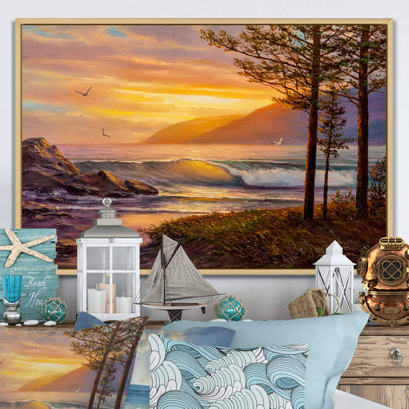 Morning Sunlight On The Sea Waves - Décoration murale nautique et côtière en toile, H 24 po x l 36 po, Cadre naturel flottant
