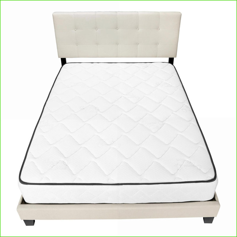 Grand lit plateforme tapissier avec tête de lit capitonnée aspect lin beige pour petits espaces
