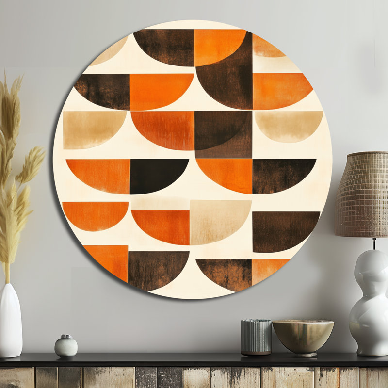 Crescent Rhythm In Terracotta - Abstract Midcentury Metal Wall Decor Round, 29" W x 29" H