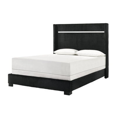 Modern King Size Panel Bed With Channel Headboard Black Finish Contemporary Upholstered For Bedroom