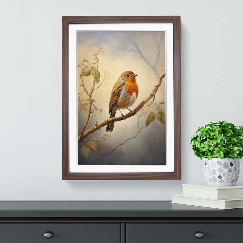Robin Bird Tachisme - Single Picture Frame Print on Wood, 46cm H x 34cm W x 2cm D, Walnut Framed