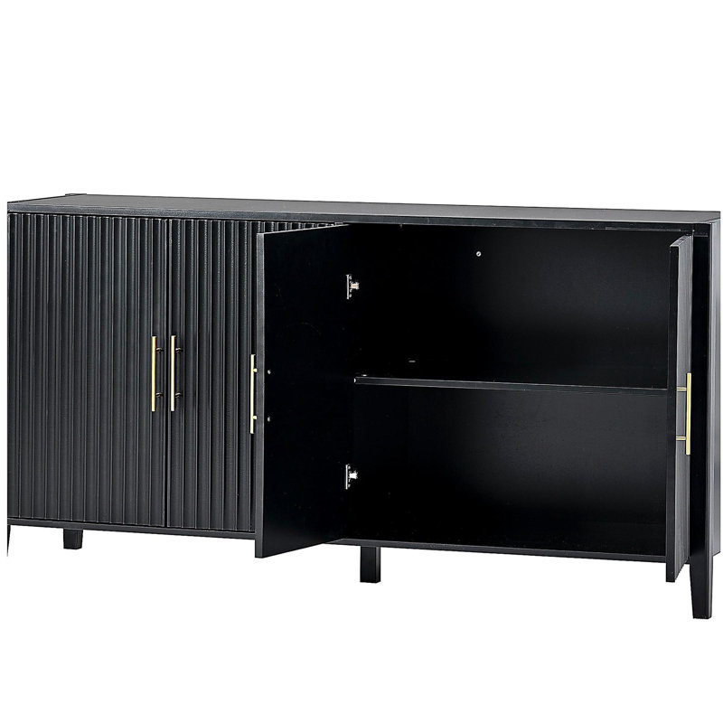 Table d'appoint U_Style de 63,1 po à 4 bandes verticales ondulées avec armoire de rangement élégante, pieds en bois massif peint, poignées en métal, convient au restaurant, au salon, à la cuisine ou au vestibule (noir)