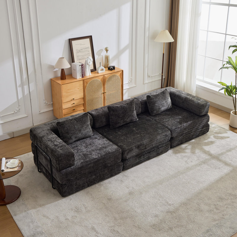 Canapé à compression, canapé-lit convertible au sol avec structure de forme fixe, canapé modulaire désossé modulaire, sans assemblage requis, tissu chenille, pour la chambre du salon, noir