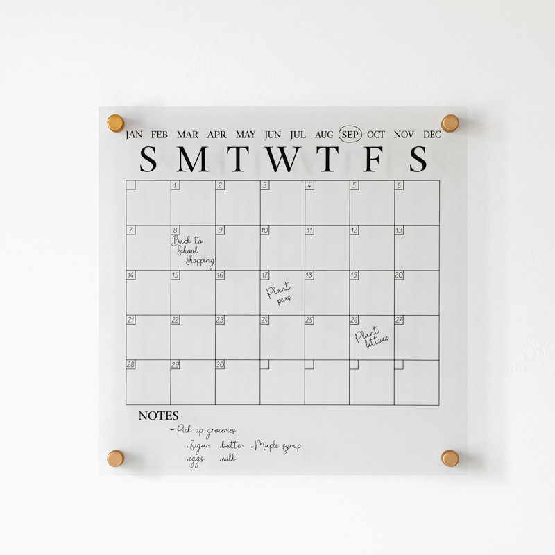 Clear Acrylic Monthly Wall Calendar with Black Print and Dry Erase Marker