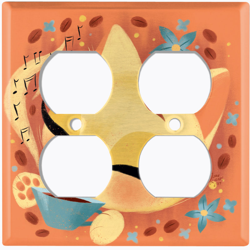 Coffee Bean Cat Lover Flower Orange Patterned 2 - Gang Duplex Outlet Standard Wall Plate