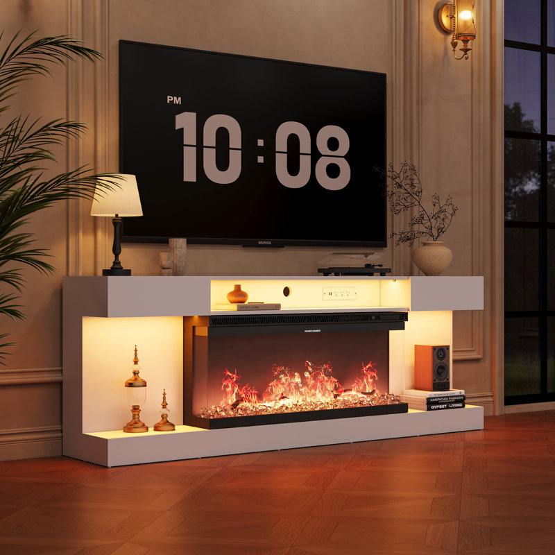 70" Modern TV Stand with Electric Fireplace Included for 80" TVs, LED TV Console & Entertainment Center with Storage, White