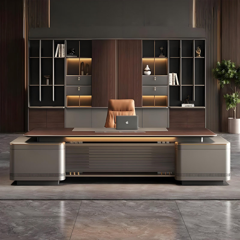 Bureau brun-gris simple et luxueux de 102,36 po, H 29,53 po x l 102,36 po x P 41,34 po